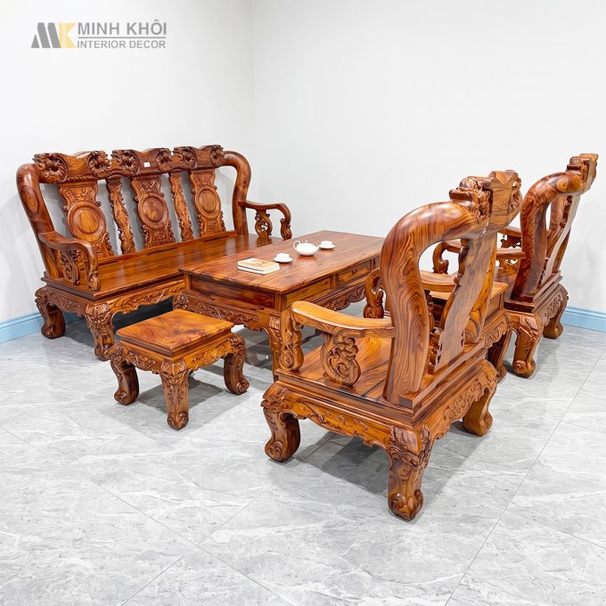 Salon Đào Gỗ Cẩm Lai Tay 12 Bộ 6 Món Mặt Liền - SL145