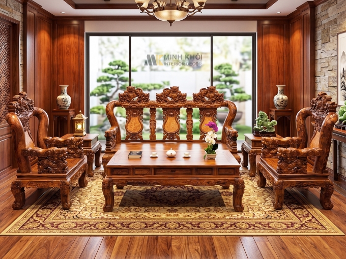 Salon Gỗ Cẩm Lai Tay 12 Chạm Nghê Cao Cấp - SL896