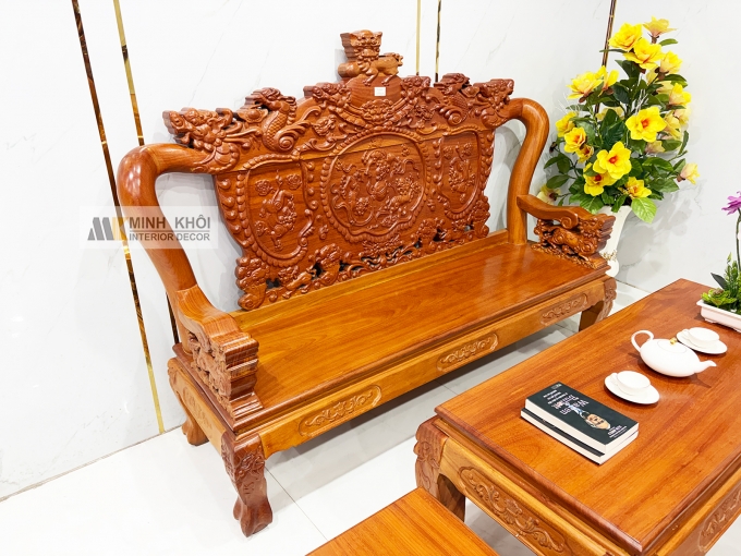 Salon Gỗ Gõ Đỏ Nghê Tay 10 Mặt Liền 6 Món - SL976