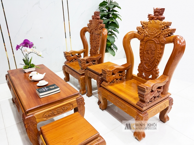 Salon Gỗ Gõ Đỏ Nghê Tay 10 Mặt Liền 6 Món - SL976