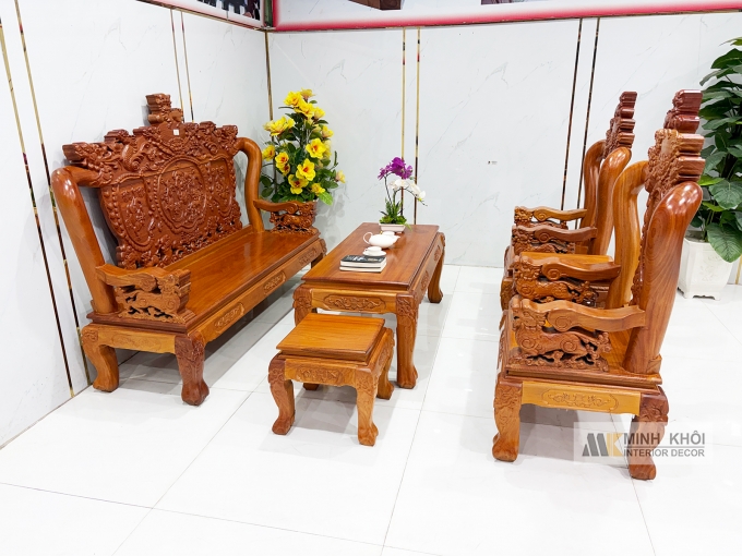 Salon Gỗ Gõ Đỏ Nghê Tay 10 Mặt Liền 6 Món - SL976