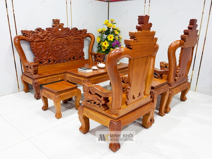 Salon Gỗ Gõ Đỏ Nghê Tay 10 Mặt Liền 6 Món - SL976