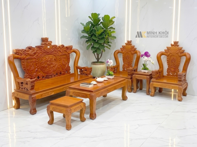 Salon Gỗ Gõ Đỏ Nghê Tay 10 Mặt Liền 6 Món - SL976