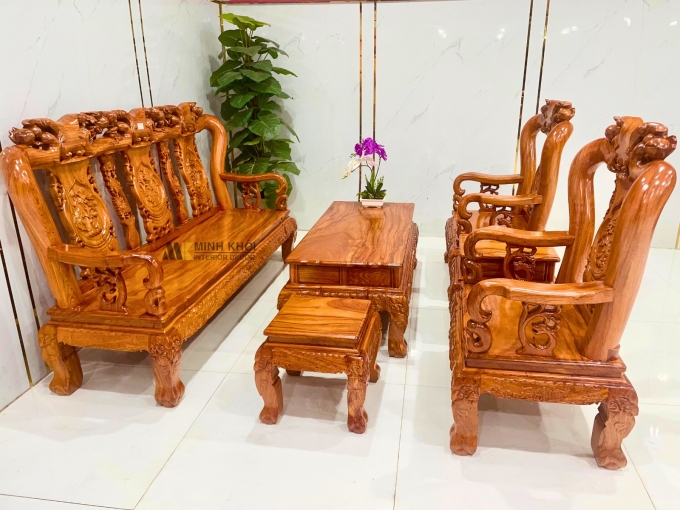 Salon Gỗ Hương Đá Tay 10 6 Món Chạm Đào - SL995