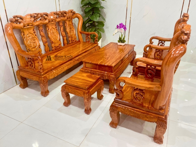 Salon Gỗ Hương Đá Tay 10 6 Món Chạm Đào - SL995