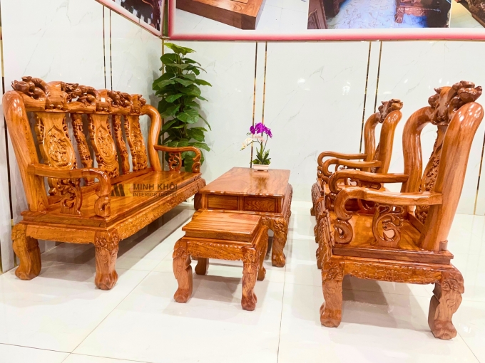 Salon Gỗ Hương Đá Tay 10 6 Món Chạm Đào - SL995