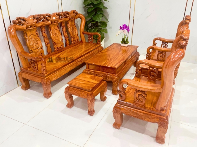 Salon Gỗ Hương Đá Tay 10 6 Món Chạm Đào - SL995