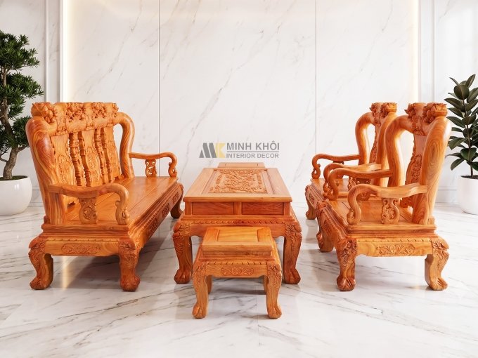Salon Gỗ Hương Đá Tay 12 Chạm Đào 6 Món - SL3004