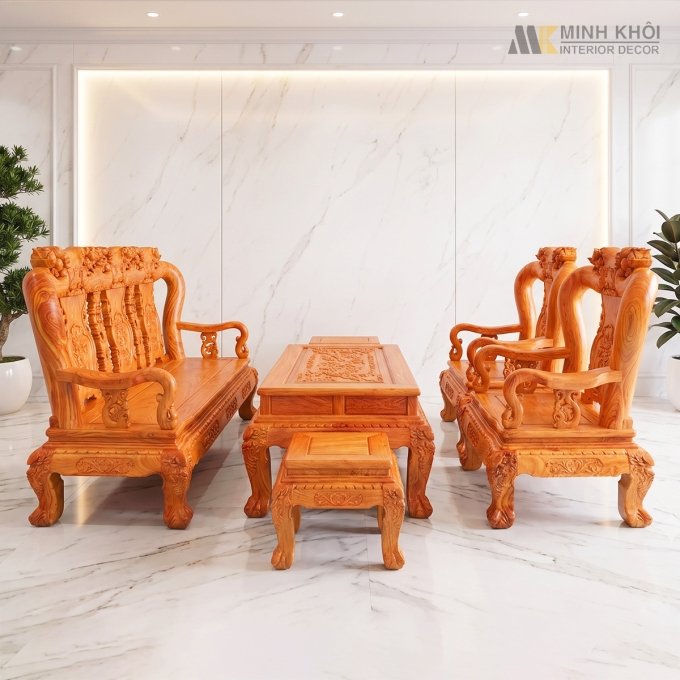 Salon Gỗ Hương Đá Tay 12 Chạm Đào 6 Món - SL3004