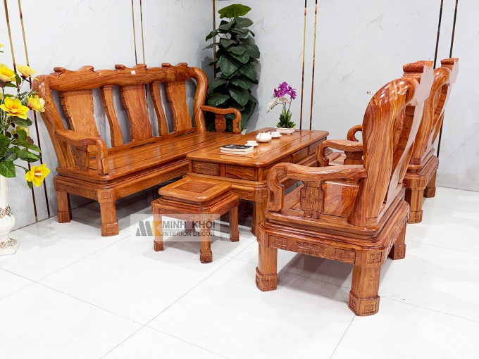 Salon Gỗ Hương Đá Tay 12 Chân Xoay - SL974