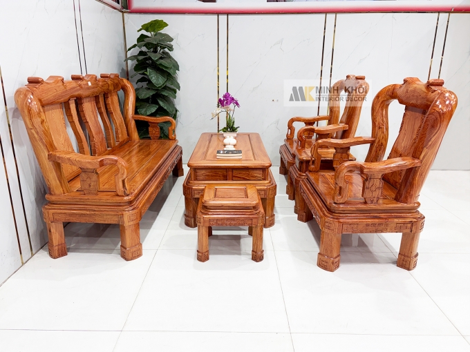 Salon Gỗ Hương Đá Tay 12 Chân Xoay - SL974