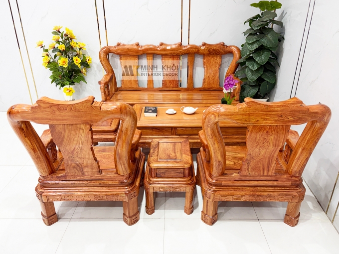 Salon Gỗ Hương Đá Tay 12 Chân Xoay - SL974