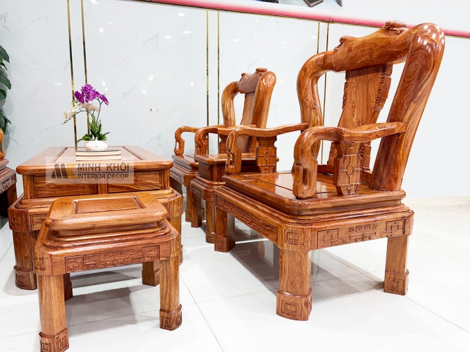 Salon Gỗ Hương Đá Tay 12 Chân Xoay - SL974