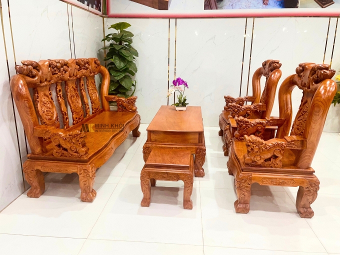 Salon Gỗ Hương Đá Tay 12 Nghê Đào Mặt Liền - SL978