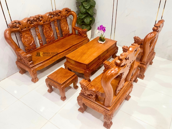 Salon Gỗ Hương Đá Tay 12 Nghê Đào Mặt Liền - SL978