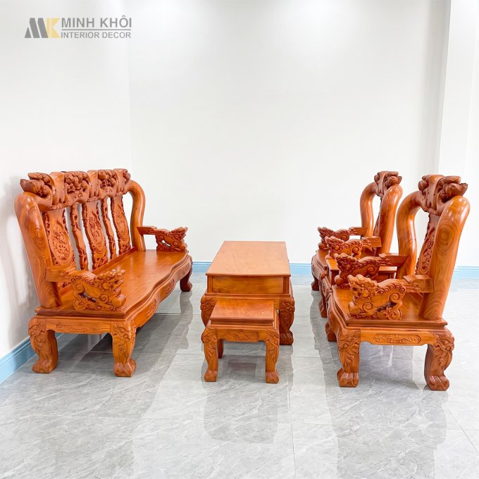 Salon Gỗ Hương Đá Tay 12 Nghê Đào Mặt Liền - SL978