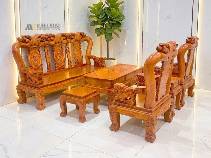 Salon Gỗ Hương Đá Tay 12 Nghê Đào Mặt Liền - SL994