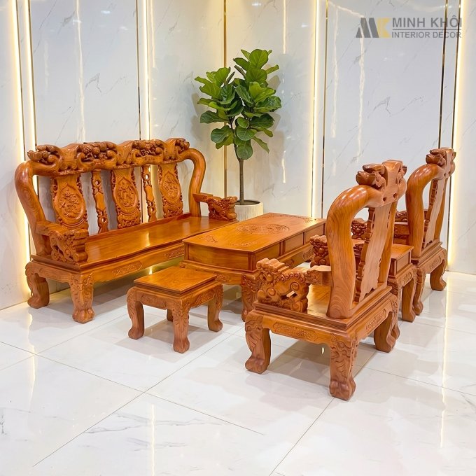 Salon Gỗ Hương Đá Tay 12 Nghê Đào Mặt Liền - SL994