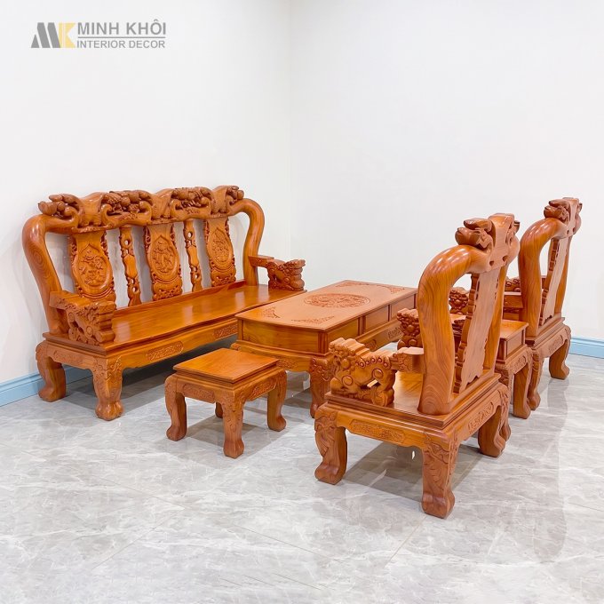 Salon Gỗ Hương Đá Tay 12 Nghê Đào Mặt Liền - SL994