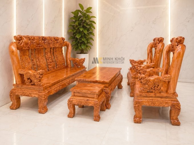 Salon Gỗ Hương Đá Tay 14 Chạm Đào - SL185