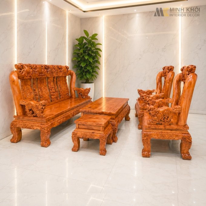 Salon Gỗ Hương Đá Tay 14 Chạm Đào - SL185