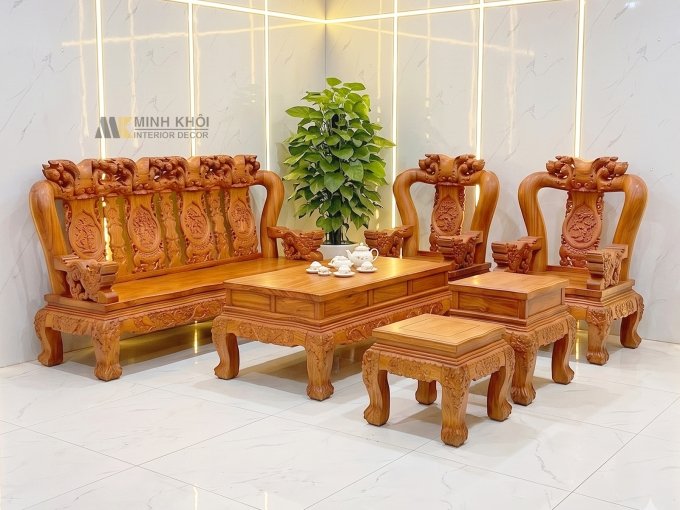 Salon Gỗ Hương Đá Tay 14 Chạm Đào Nghê Đẳng Cấp - SL3029