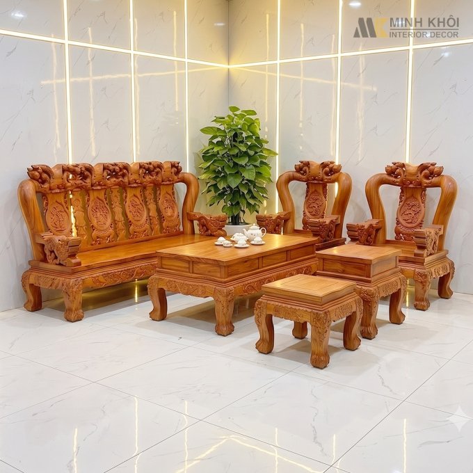 Salon Gỗ Hương Đá Tay 14 Chạm Đào Nghê Đẳng Cấp - SL3029