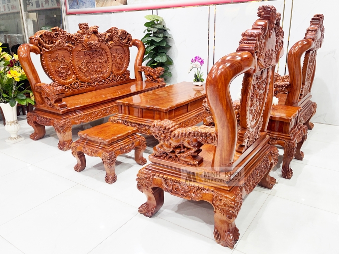 Salon Gỗ Hương Đá Tay 14 Nghê Phụng (Mặt Liền) - SL888