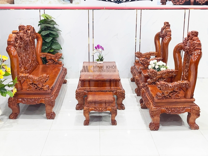 Salon Gỗ Hương Đá Tay 14 Nghê Phụng (Mặt Liền) - SL888