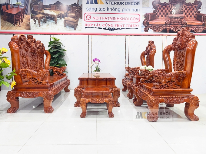 Salon Gỗ Hương Đá Tay 14 Nghê Phụng (Mặt Liền) - SL888