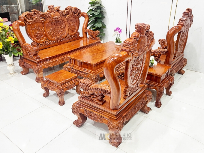 Salon Gỗ Hương Đá Tay 14 Nghê Phụng (Mặt Liền) - SL888