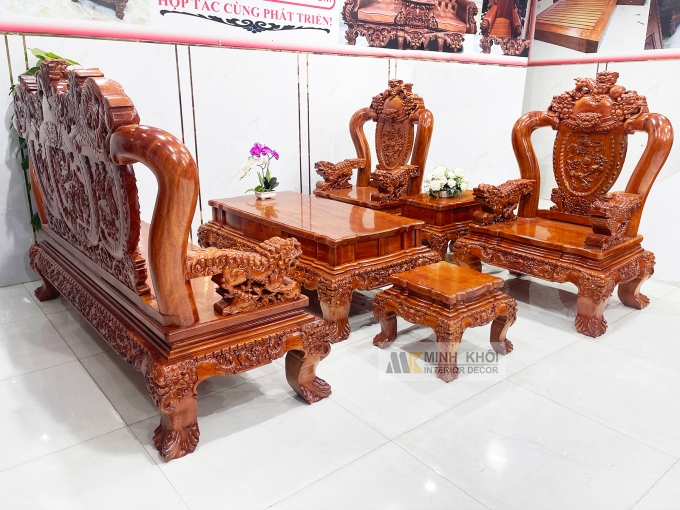 Salon Gỗ Hương Đá Tay 14 Nghê Phụng (Mặt Liền) - SL888