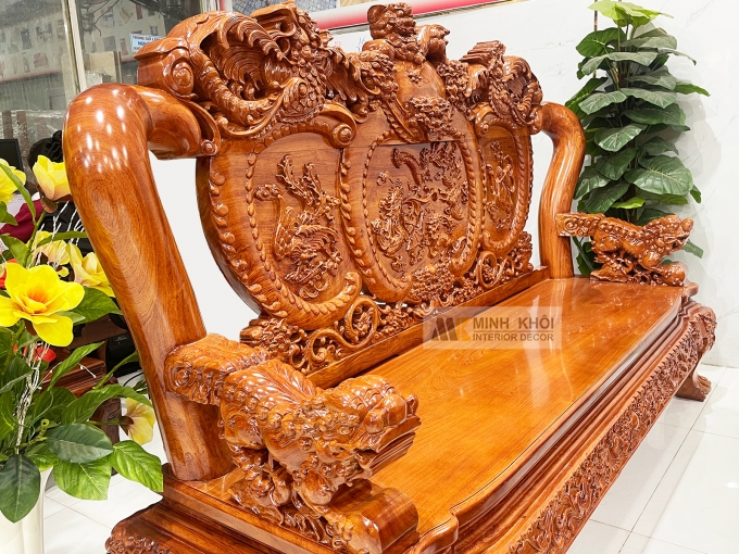 Salon Gỗ Hương Đá Tay 14 Nghê Phụng (Mặt Liền) - SL888