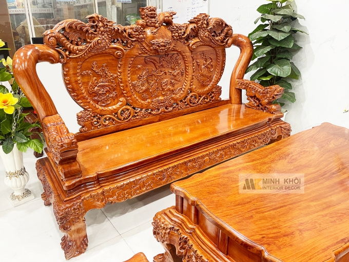 Salon Gỗ Hương Đá Tay 14 Nghê Phụng (Mặt Liền) - SL888