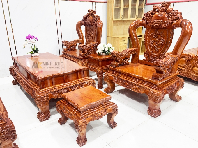 Salon Gỗ Hương Đá Tay 14 Nghê Phụng (Mặt Liền) - SL888