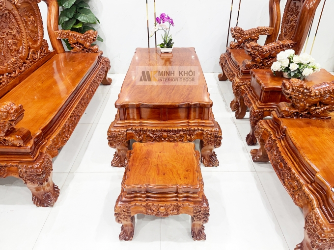 Salon Gỗ Hương Đá Tay 14 Nghê Phụng (Mặt Liền) - SL888
