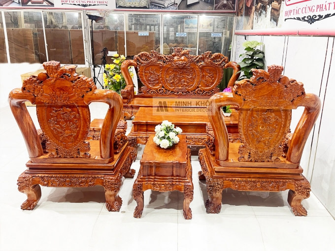 Salon Gỗ Hương Đá Tay 14 Nghê Phụng (Mặt Liền) - SL888