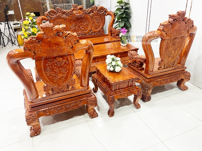 Salon Gỗ Hương Đá Tay 14 Nghê Phụng (Mặt Liền) - SL888