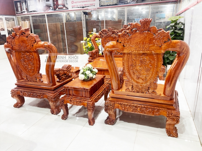 Salon Gỗ Hương Đá Tay 14 Nghê Phụng (Mặt Liền) - SL888