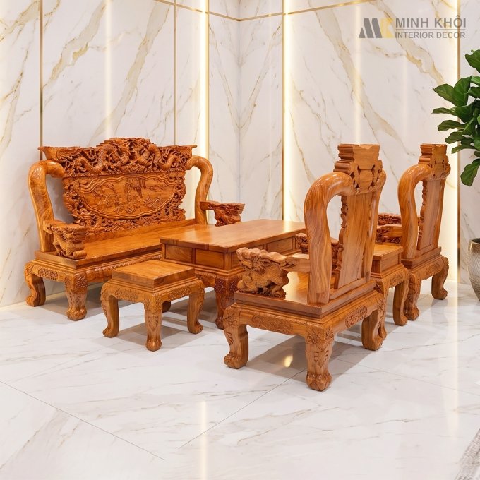 Salon Gỗ Hương Đá Tay 14 Chạm Rồng Bát Tiên - SL979
