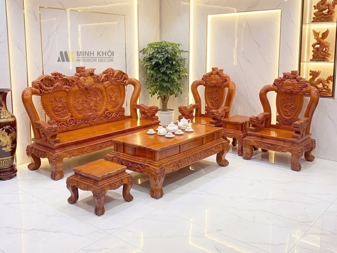Salon Gỗ Hương Đá Tay 14 Nghê Phụng (Mặt Liền) - SL888