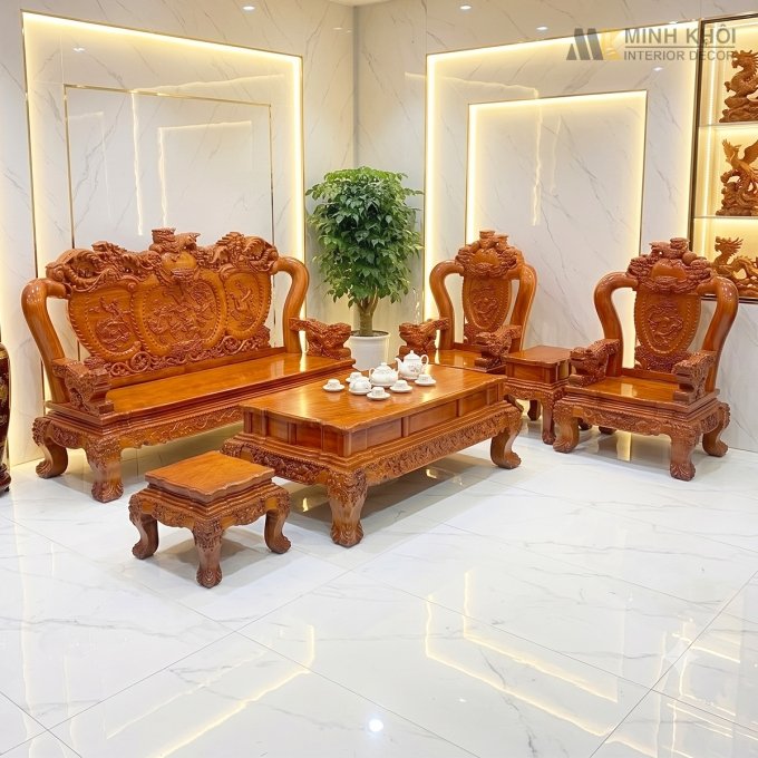 Salon Gỗ Hương Đá Tay 14 Nghê Phụng (Mặt Liền) - SL888