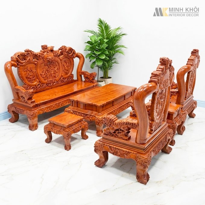 Salon Gỗ Hương Đá Tay 14 Nghê Phụng (Mặt Liền) - SL888