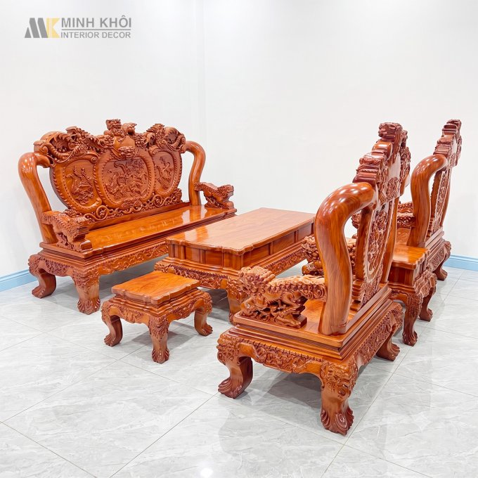 Salon Gỗ Hương Đá Tay 14 Nghê Phụng (Mặt Liền) - SL888