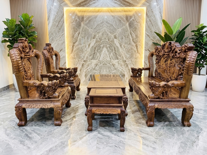 Salon Gỗ Mun Đuôi Công Chạm Rồng Bát Tiên 6 Món - SL3007
