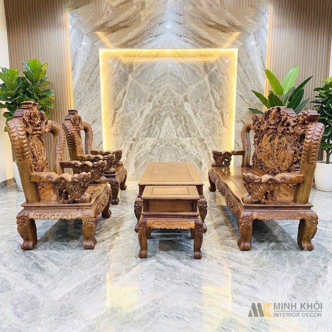 Salon Gỗ Mun Đuôi Công Chạm Rồng Bát Tiên 6 Món - SL3007