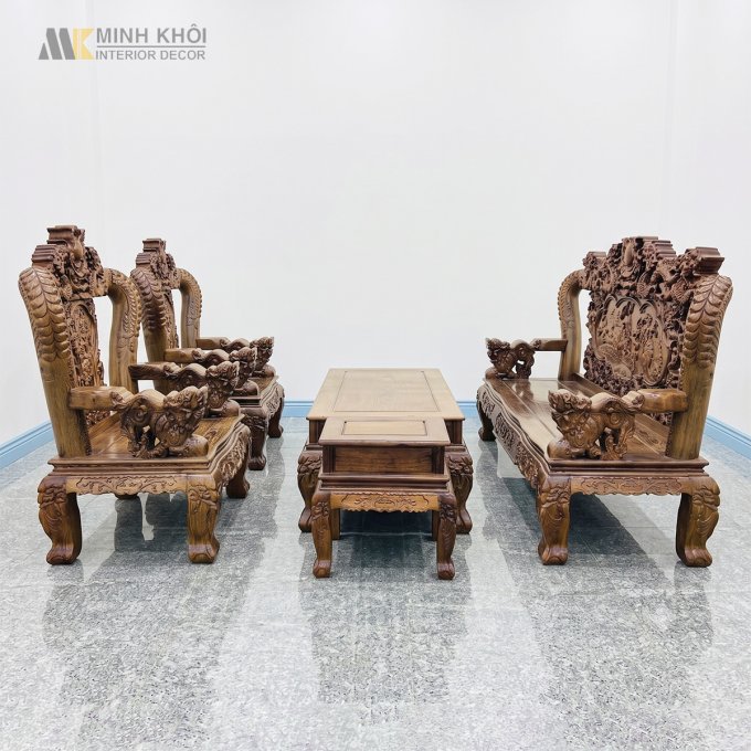 Salon Gỗ Mun Đuôi Công Chạm Rồng Bát Tiên 6 Món - SL3007
