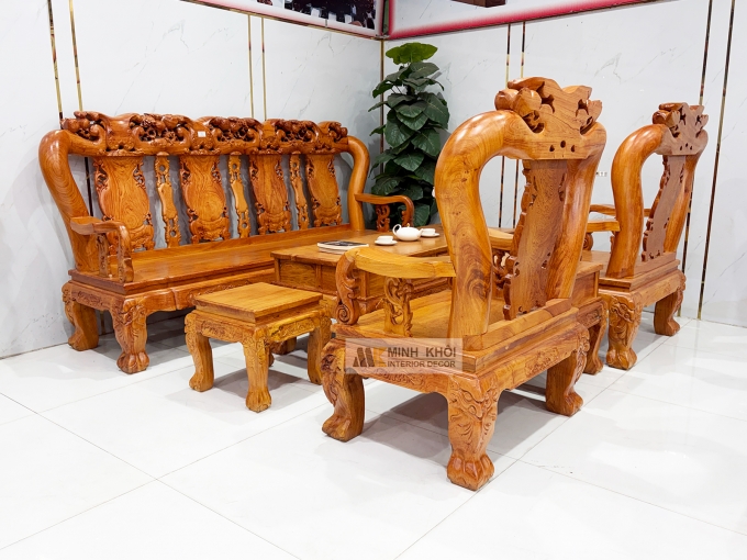 Salon Hương Đá Tay 12 Chạm Đào Mặt Liền 4 Tựa - SL973