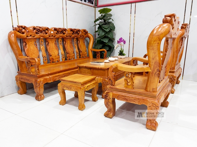 Salon Hương Đá Tay 12 Chạm Đào Mặt Liền 4 Tựa - SL973
