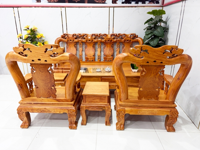 Salon Hương Đá Tay 12 Chạm Đào Mặt Liền 4 Tựa - SL973